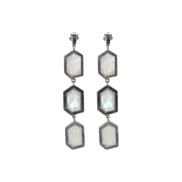 Leslie Greene Leslie Greene Stainless Steel Black Diamond Moonstone Drop Earrings by The Solist