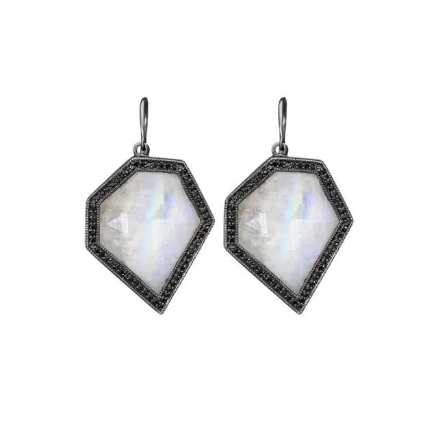 Leslie Greene Leslie Greene Stainless Steel Black Diamond Moonstone Drop Earrings by The Solist