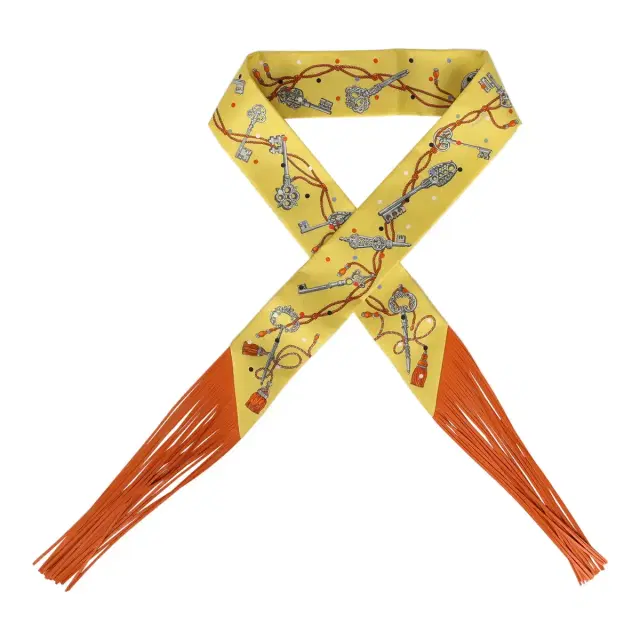 HERMÈS Hermes "Les Cles a Pois" Jaune, Argent and Orange Vif Fringe Silk Twilly