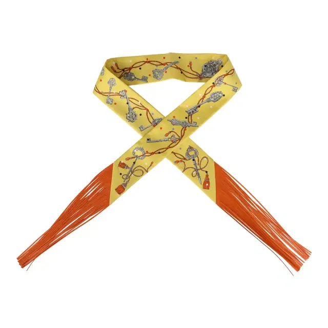HERMÈS Hermes "Les Cles a Pois" Jaune, Argent and Orange Vif Fringe Silk Twilly