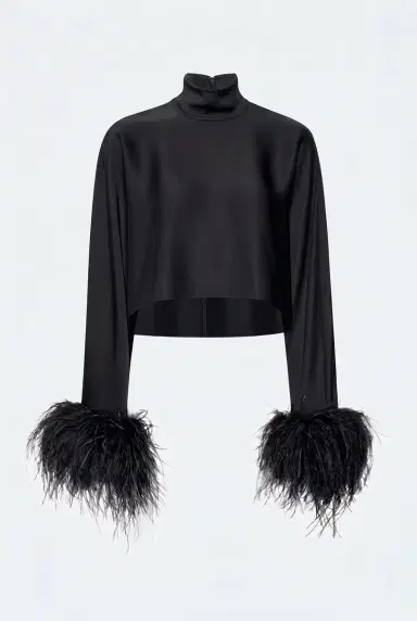 LAPOINTE Lightweight Satin Caftan Top With Feathers | Thumbnail 4 LAPOINTE Lightweight Satin Caftan Top With Feathers | Thumbnail 4