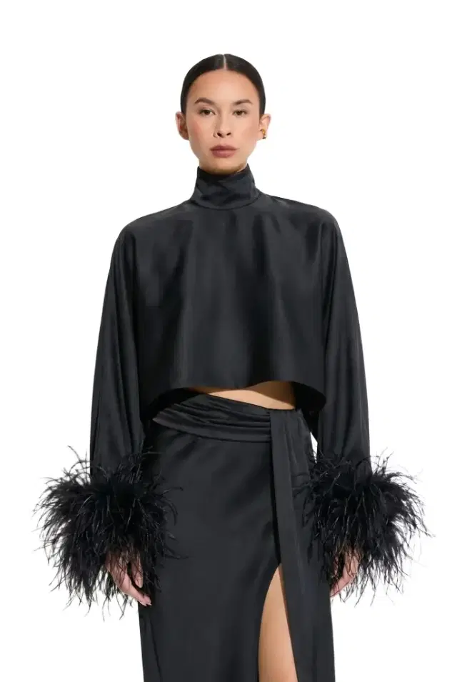 LAPOINTE Lightweight Satin Caftan Top With Feathers