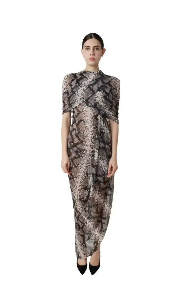 LAPOINTE Printed Mesh Double Shawl Draped Dress