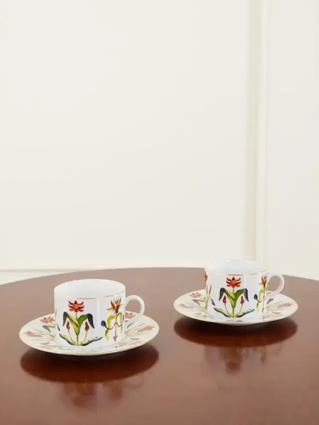 L'Objet Grand Tour Set Of Two Gold-plated Porcelain Teacups And Saucers