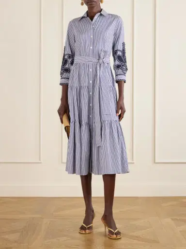 Carolina Herrera Belted Tiered Embroidered Striped Cotton-poplin Midi Dress | Thumbnail 2 Carolina Herrera Belted Tiered Embroidered Striped Cotton-poplin Midi Dress | Thumbnail 2