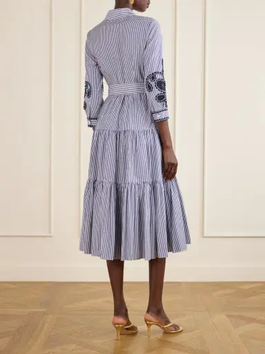 Carolina Herrera Belted Tiered Embroidered Striped Cotton-poplin Midi Dress | Thumbnail 3 Carolina Herrera Belted Tiered Embroidered Striped Cotton-poplin Midi Dress | Thumbnail 3