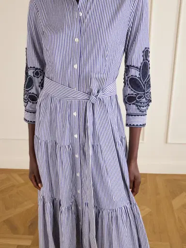 Carolina Herrera Belted Tiered Embroidered Striped Cotton-poplin Midi Dress | Thumbnail 4 Carolina Herrera Belted Tiered Embroidered Striped Cotton-poplin Midi Dress | Thumbnail 4