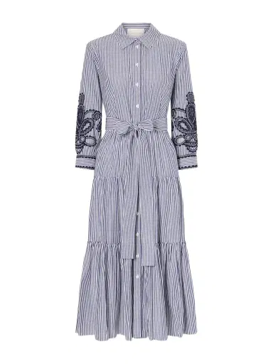 Carolina Herrera Belted Tiered Embroidered Striped Cotton-poplin Midi Dress | Thumbnail 1 Carolina Herrera Belted Tiered Embroidered Striped Cotton-poplin Midi Dress | Thumbnail 1