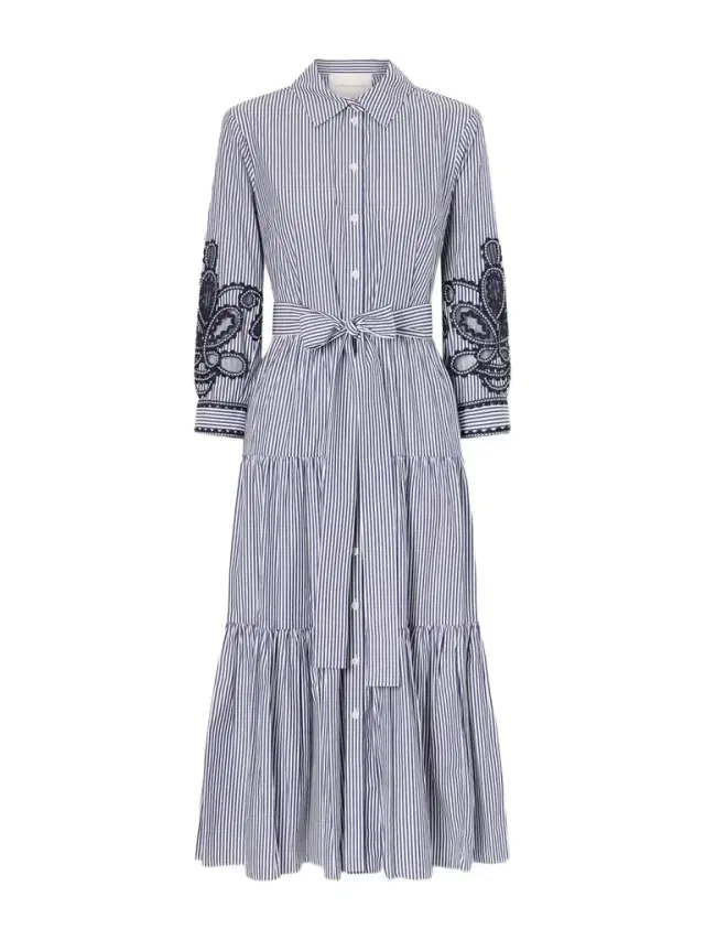 Belted Tiered Embroidered Striped Cotton-poplin Midi Dress