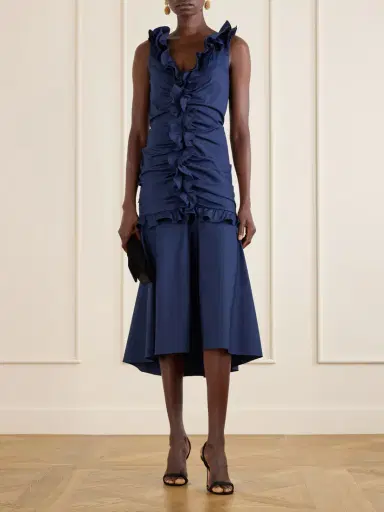 Carolina Herrera Ruched Ruffled Cotton-blend Midi Dress | Thumbnail 2 Carolina Herrera Ruched Ruffled Cotton-blend Midi Dress | Thumbnail 2