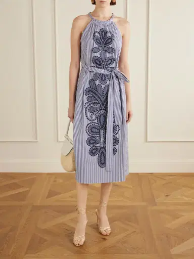 Carolina Herrera Belted Striped Embroidered Cotton-poplin Halterneck Midi Dress | Thumbnail 2 Carolina Herrera Belted Striped Embroidered Cotton-poplin Halterneck Midi Dress | Thumbnail 2