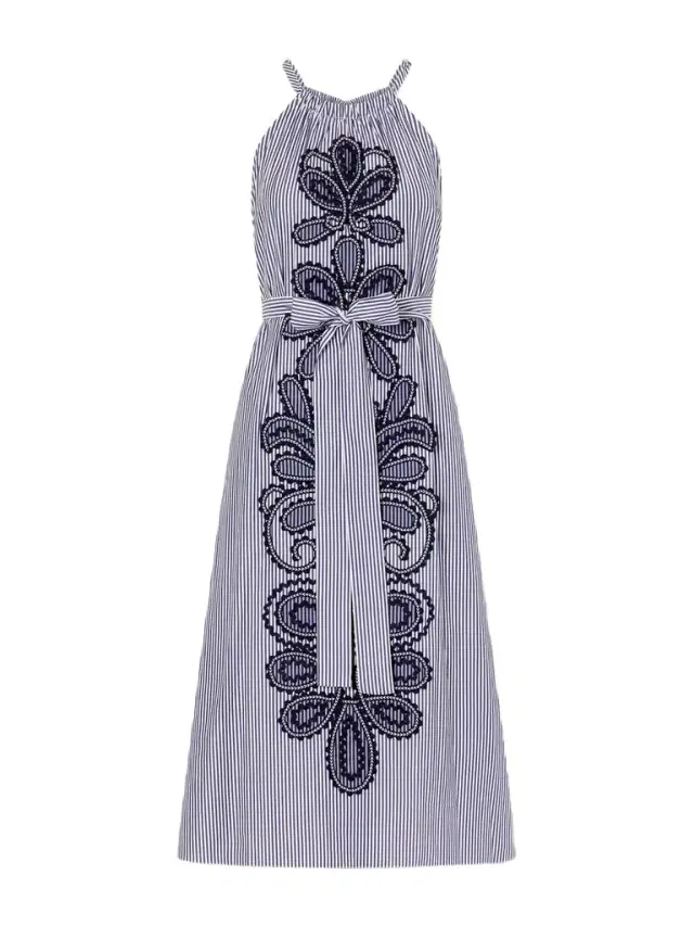 Belted Striped Embroidered Cotton-poplin Halterneck Midi Dress