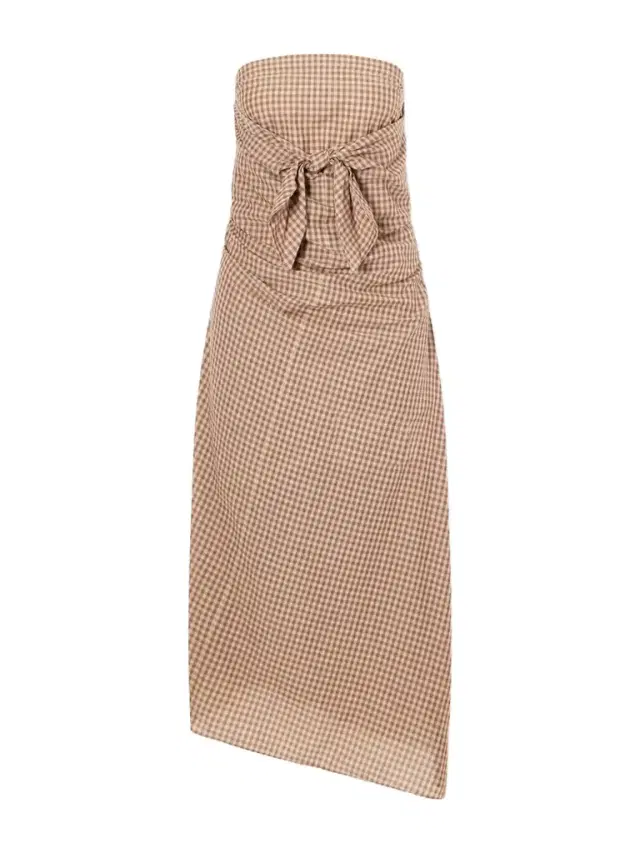 Sleeveless Knot-detailed Draped Checked Cotton Midi Dress