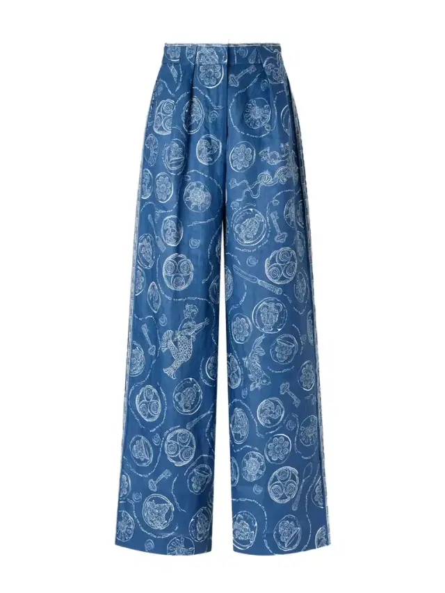 ALÉMAIS Lucky Pleated Printed Linen Wide-leg Pants