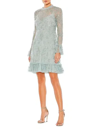 Mac Duggal Women's Floral Sequin Ruffled Illusion Minidress - Seafoam - Size 14 | Thumbnail 1