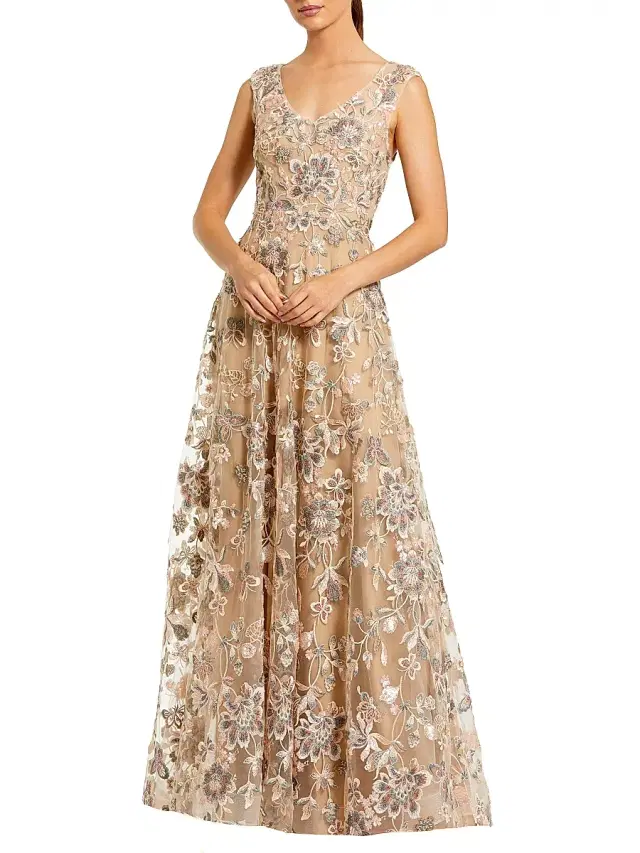 Mac Duggal Women's Floral Embroidered V-Neck Gown - Taupe