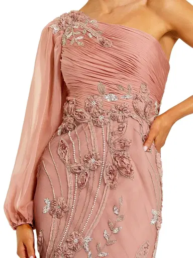 Mac Duggal Women's One-Shoulder Embroidered Chiffon Trumpet Gown - Mocha | Thumbnail 3 Mac Duggal Women's One-Shoulder Embroidered Chiffon Trumpet Gown - Mocha | Thumbnail 3