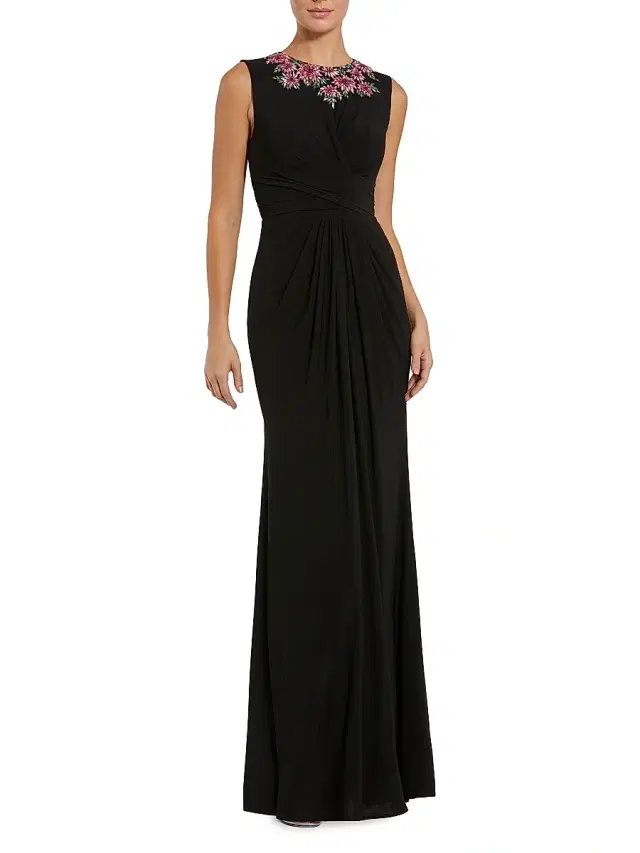Women's Floral Embellished Twisted Jersey Gown - Black Multi