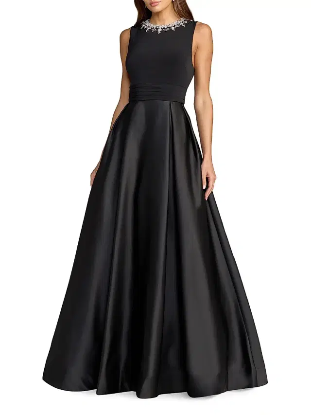 Mac Duggal Women's Jersey Sleeveless Satin-Skirt Beaded-Neck Gown - Black