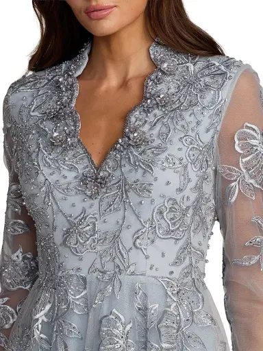 Mac Duggal Women's Floral Embroidered A-Line Gown - Slate Blue - Size 14 | Thumbnail 3