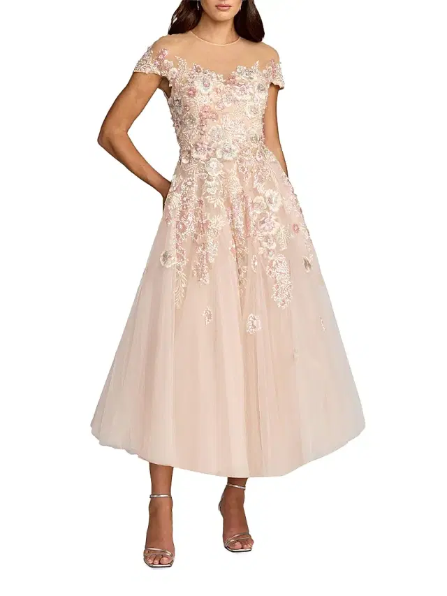 Mac Duggal Women's Embroidered Tulle Cap-Sleeve Midi-Dress - Blush Multi