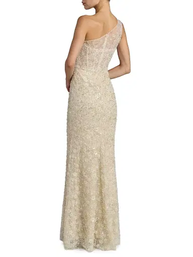 Mac Duggal Women's Sequined Floral Mesh One-Shoulder Trumpet Gown - Oyster Beige - Size 12 | Thumbnail 2