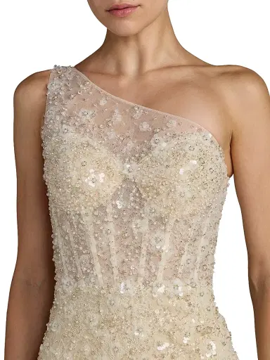 Mac Duggal Women's Sequined Floral Mesh One-Shoulder Trumpet Gown - Oyster Beige - Size 12 | Thumbnail 3