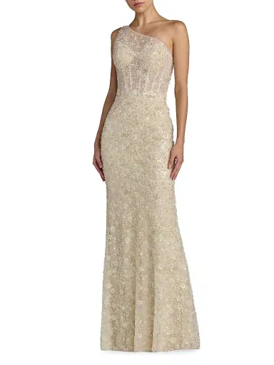 Mac Duggal Women's Sequined Floral Mesh One-Shoulder Trumpet Gown - Oyster Beige - Size 12 | Thumbnail 1