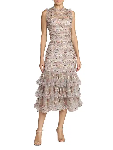 Mac Duggal Women's Floral Embroidered Ruffled Midi-Dress - Pastel Multi - Size 14 | Thumbnail 1