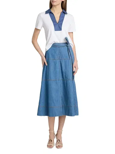 Tanya Taylor Women's Hudley Chambray Midi-Skirt - Medium Indigo Blue | Thumbnail 2