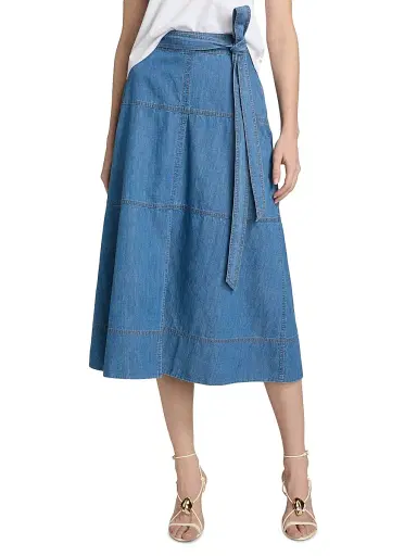Tanya Taylor Women's Hudley Chambray Midi-Skirt - Medium Indigo Blue | Thumbnail 3