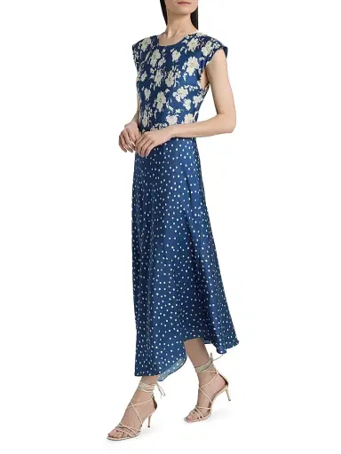 TANYA TAYLOR Women's Violeta Mixed-Print Silk-Blend Midi-Dress - French Blue Cream Multi - Size 10 | Thumbnail 2