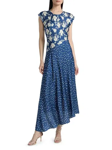 TANYA TAYLOR Women's Violeta Mixed-Print Silk-Blend Midi-Dress - French Blue Cream Multi - Size 10 | Thumbnail 3