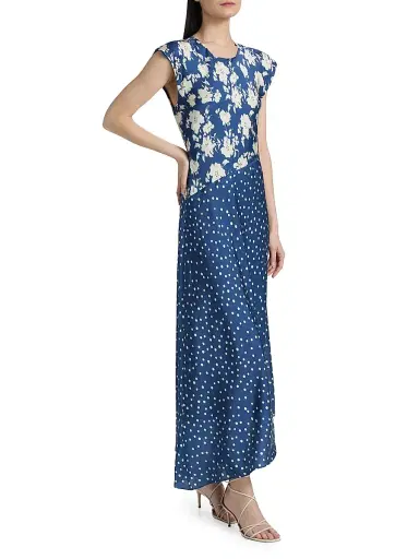 TANYA TAYLOR Women's Violeta Mixed-Print Silk-Blend Midi-Dress - French Blue Cream Multi - Size 10 | Thumbnail 4
