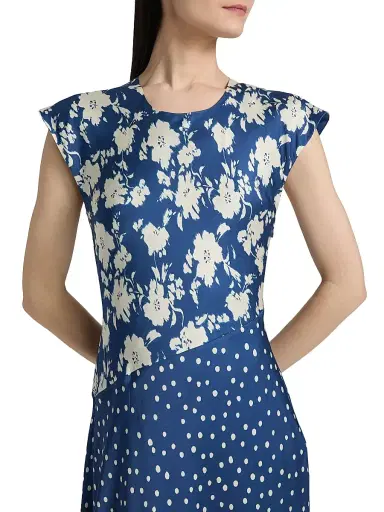 TANYA TAYLOR Women's Violeta Mixed-Print Silk-Blend Midi-Dress - French Blue Cream Multi - Size 10 | Thumbnail 6