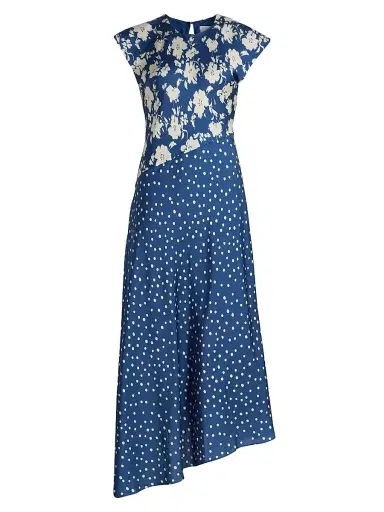 TANYA TAYLOR Women's Violeta Mixed-Print Silk-Blend Midi-Dress - French Blue Cream Multi - Size 10 | Thumbnail 1