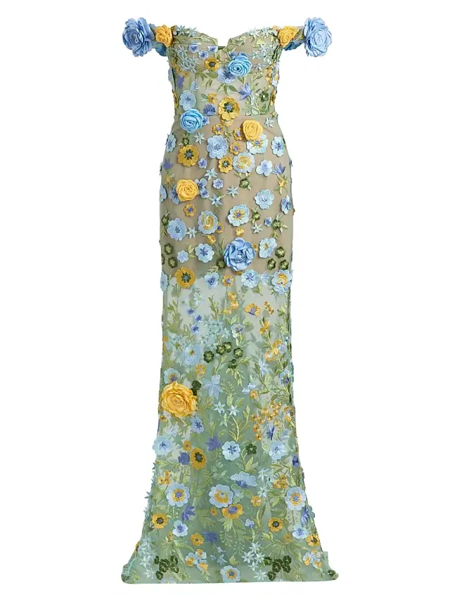 Bronx Banco Women's Portofino Floral Applique Off-the-Shoulder Gown - Blue Multi