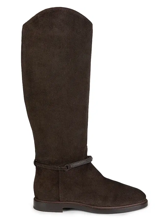 Brunello Cucinelli Women's Monili-Beaded Suede Riding Boots - Pepper
