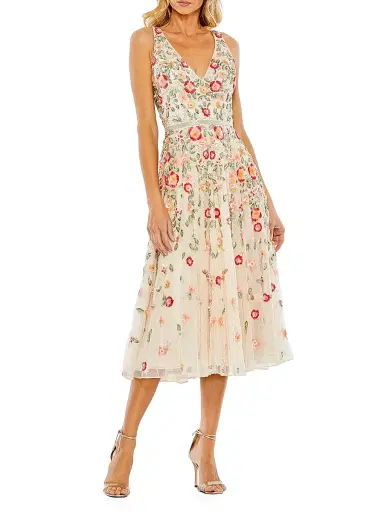 Mac Duggal Women's Cocktail Floral Embroidered V-Neck Midi-Dress - White Multi - Size 16 | Thumbnail 1