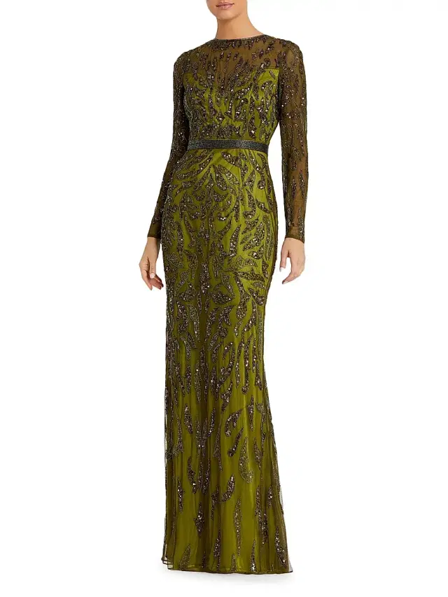 Mac Duggal Women's Illusion Sequin Gown - Olive