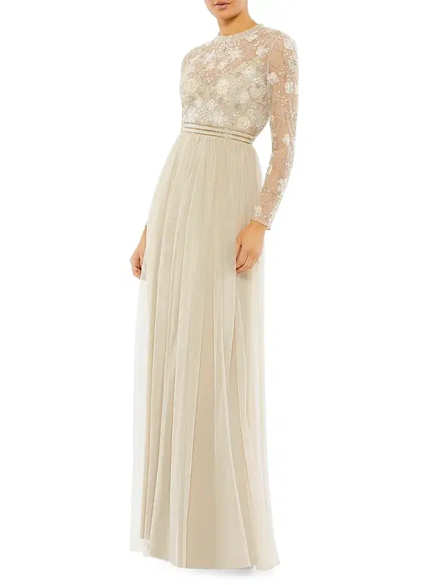 Mac Duggal Women's Sequin-Embellished Long-Sleeve Gown - Vanilla