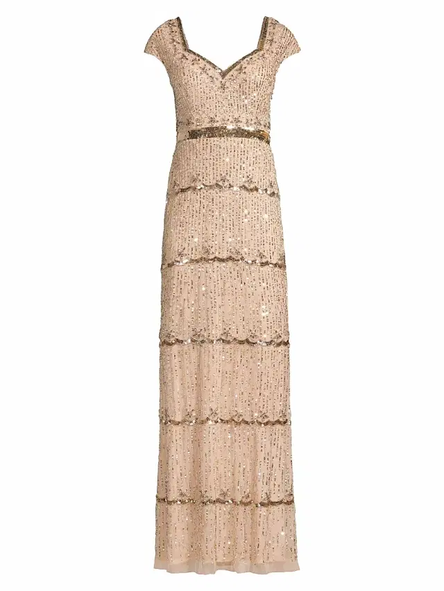 Mac Duggal Women's Embellished Cap Sleeve Gown - Beige