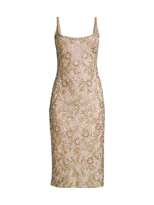 Women's Floral Beaded Cocktail Sheath Dress - Beige Multi
