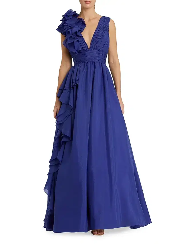 Mac Duggal Women's Ruffle Shoulder V-Neck Gown - Cobalt