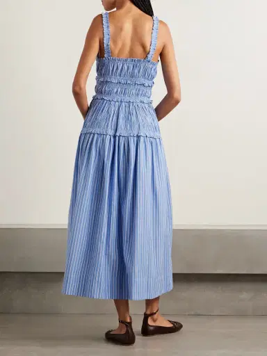 DÔEN Marianne Shirred Striped Cotton-poplin Midi Dress | Thumbnail 3 DÔEN Marianne Shirred Striped Cotton-poplin Midi Dress | Thumbnail 3