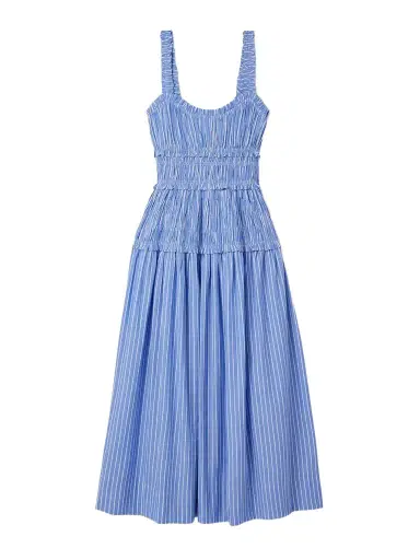 DÔEN Marianne Shirred Striped Cotton-poplin Midi Dress | Thumbnail 1 DÔEN Marianne Shirred Striped Cotton-poplin Midi Dress | Thumbnail 1