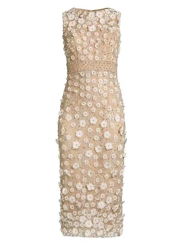 Women's Floral Beaded Sheath Dress -  Beige