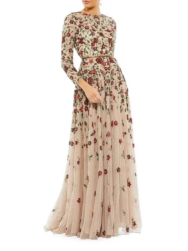 Women's Floral Sequined Gown - Antique Rose