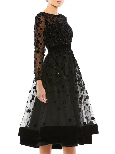 Mac Duggal Women's Floral Appliqué Tea Dress - Black - Size 16 | Thumbnail 3 Mac Duggal Women's Floral Appliqué Tea Dress - Black - Size 16 | Thumbnail 3