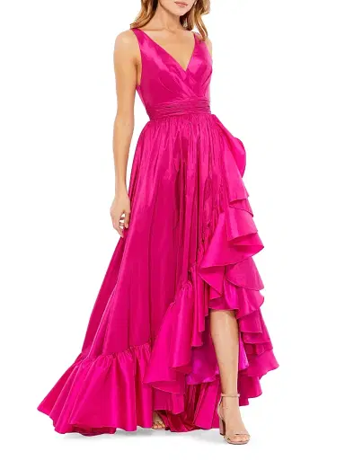 Mac Duggal Women's Satin Flounce V-Neck Gown | Thumbnail 1 Mac Duggal Women's Satin Flounce V-Neck Gown | Thumbnail 1